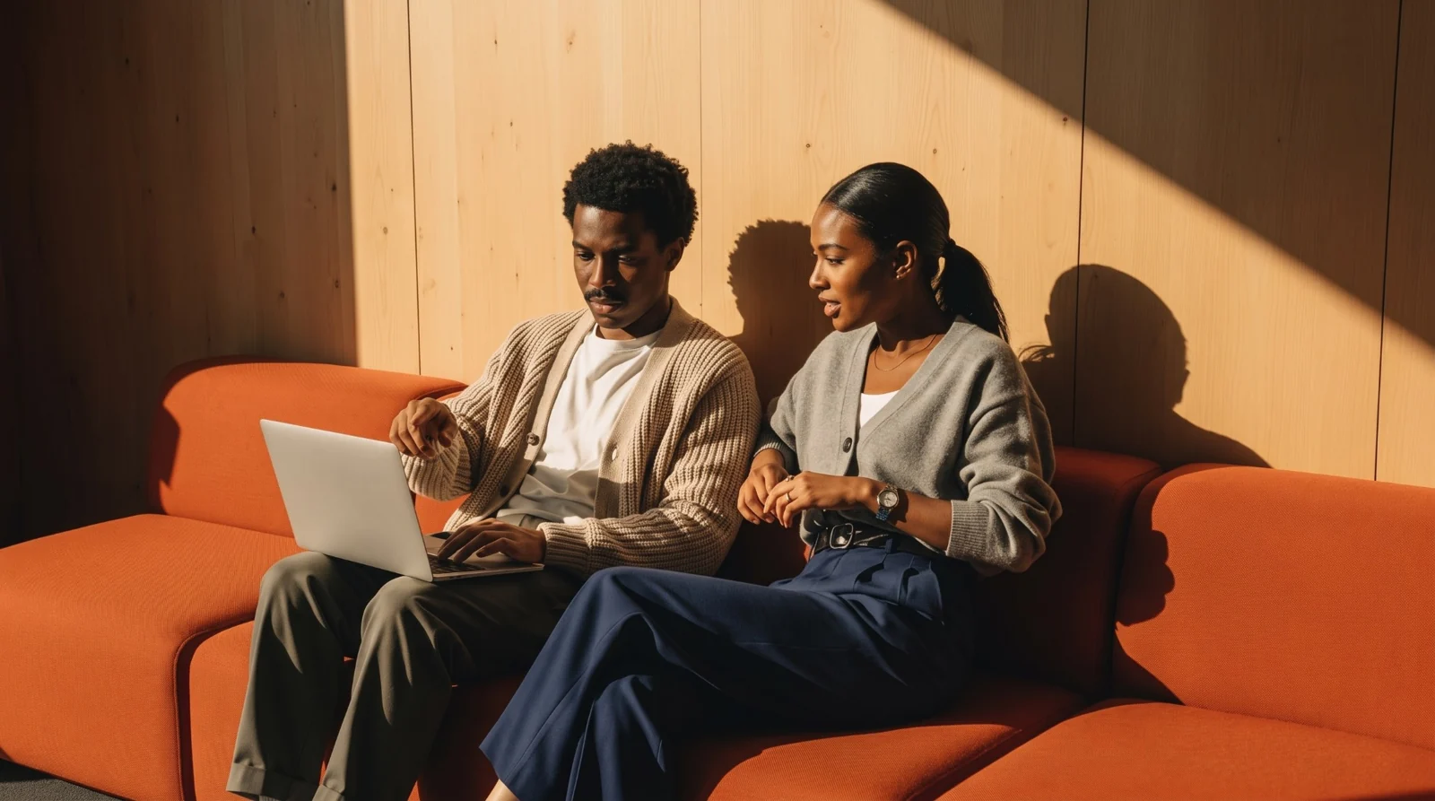 Two people discussing work together beside a laptop