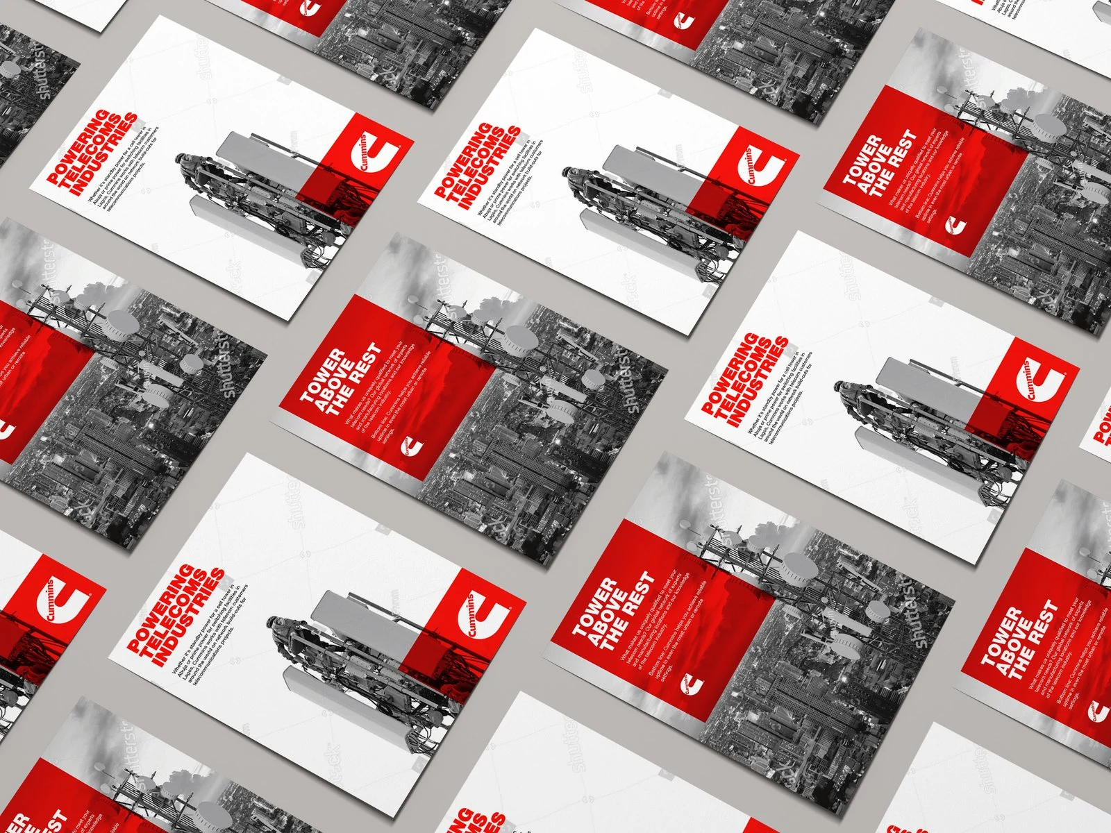 Cummins communication materials arranged in a red, white and black composition