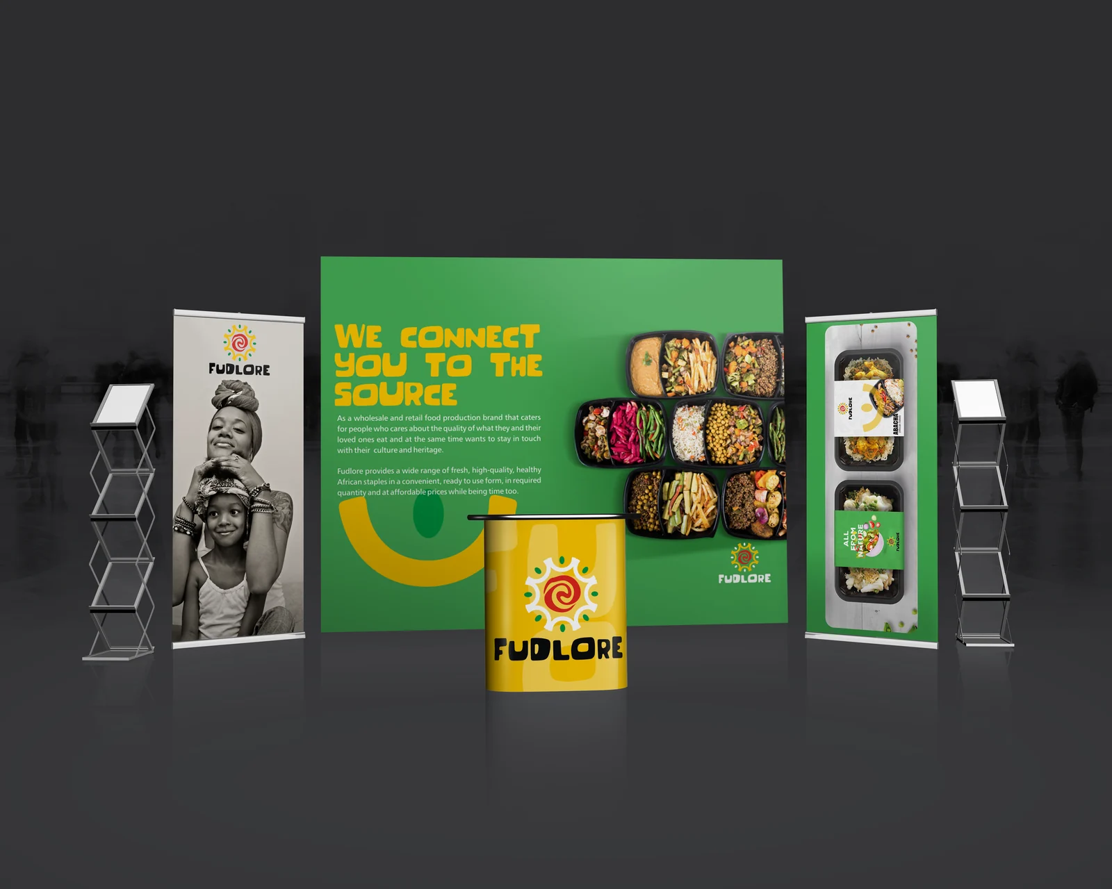Fudlore exhibition display with branded counter, backdrop and banners
